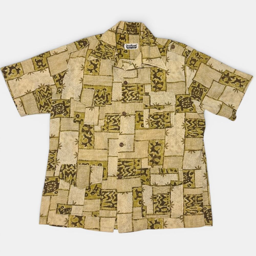 Vintage Napili 70s Aloha Shirt Safari Guayabera 4 Pocket Tiki Cotton Size L